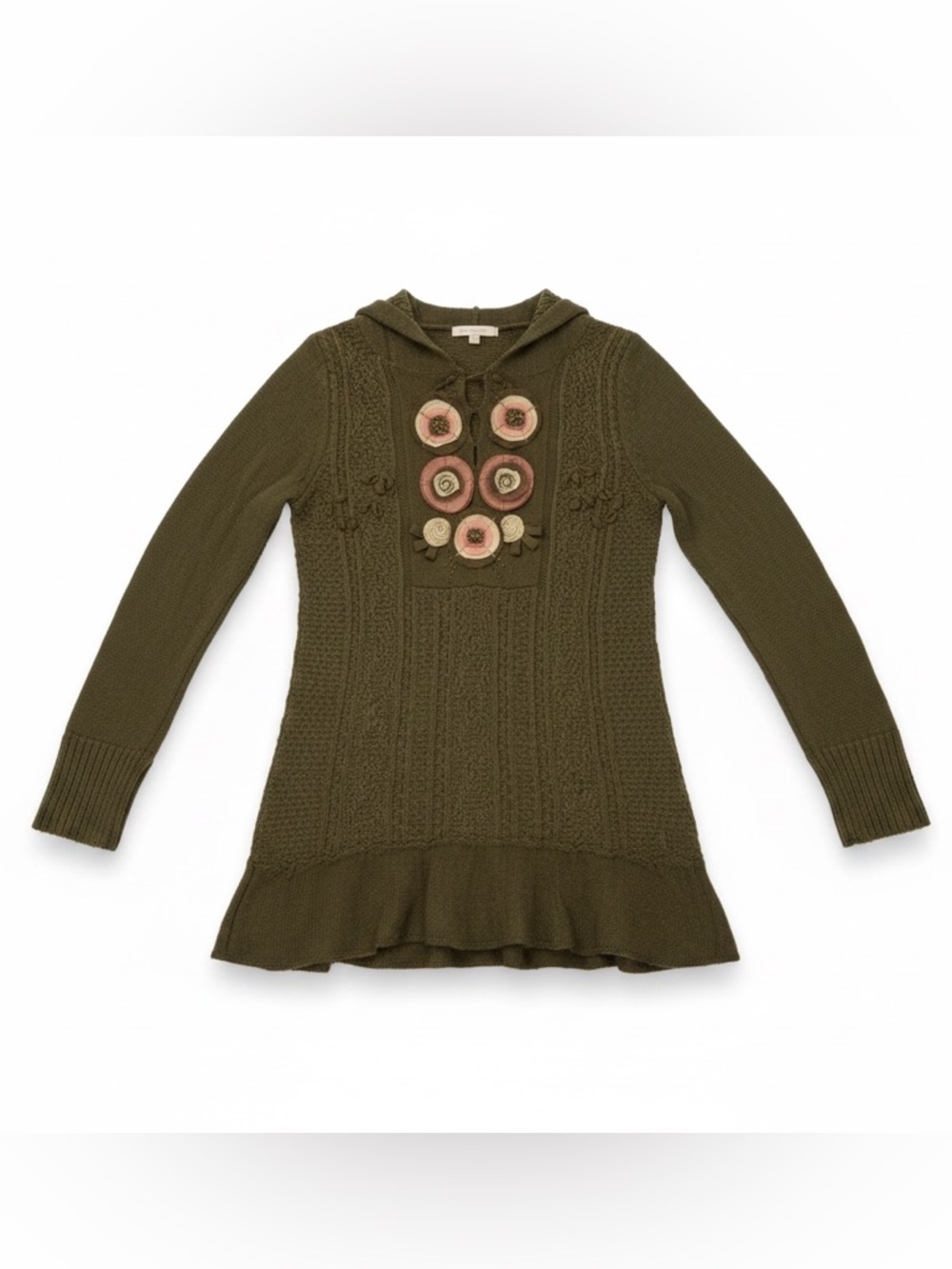 Hush Olive Green Knit Sweater Dress Floral Appliqué Hooded Boho Cozy Size S - Picture 2 of 5